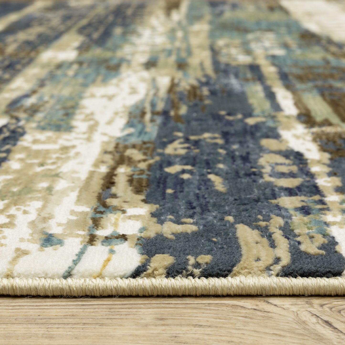 Reed Stripe Beige/ Blue Abstract Cut Pile Rug
