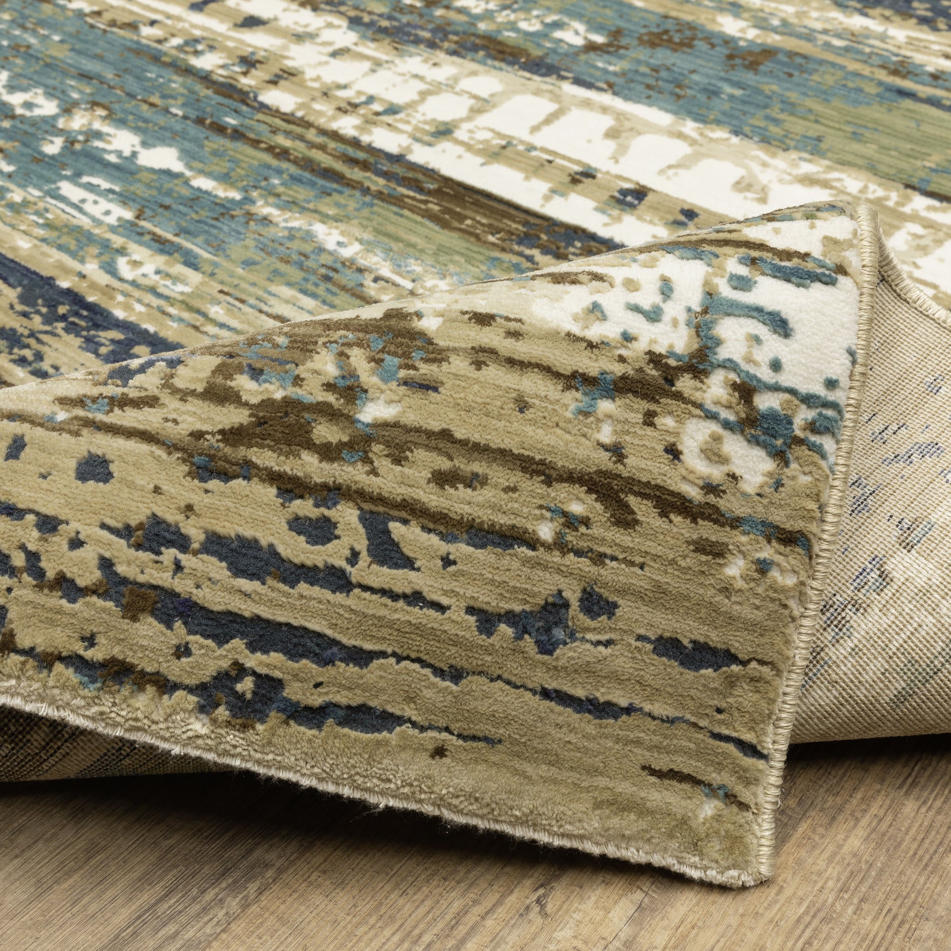 Reed Stripe Beige/ Blue Abstract Cut Pile Rug