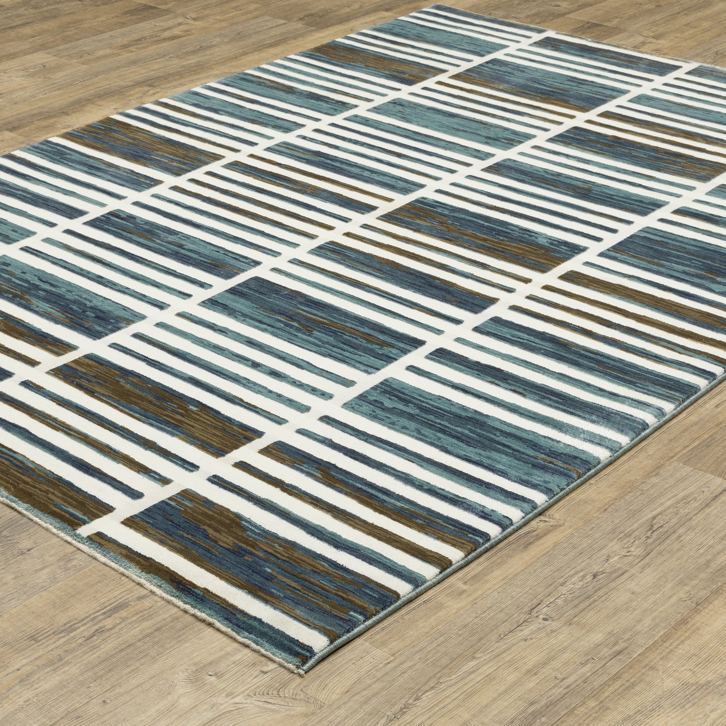 Reed Stripe Ivory/ Blue Geometric Cut Pile Rug