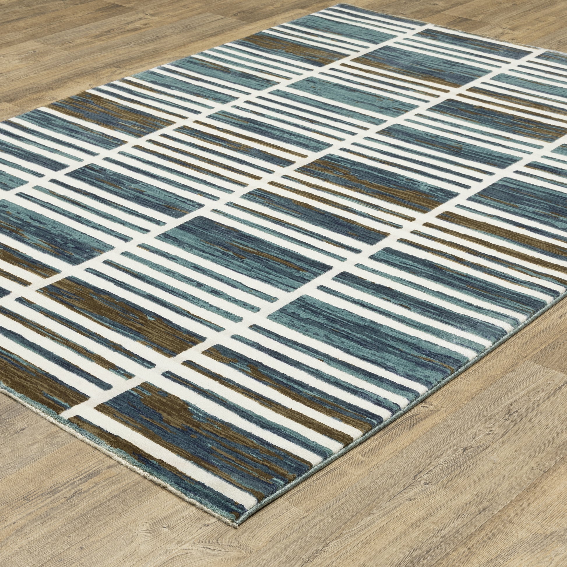 Reed Stripe Ivory/ Blue Geometric Cut Pile Rug