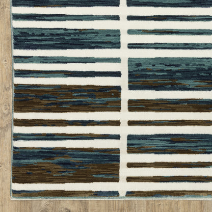Reed Stripe Ivory/ Blue Geometric Cut Pile Rug