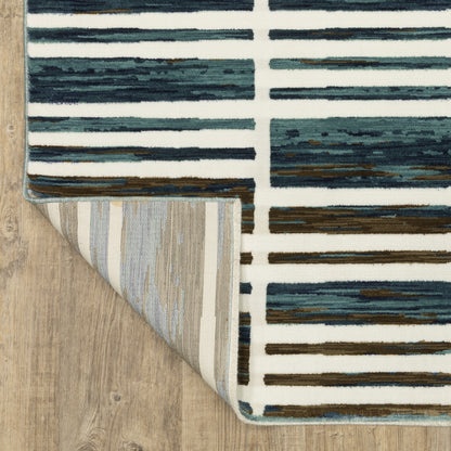 Reed Stripe Ivory/ Blue Geometric Cut Pile Rug