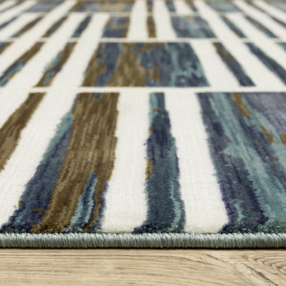 Reed Stripe Ivory/ Blue Geometric Cut Pile Rug