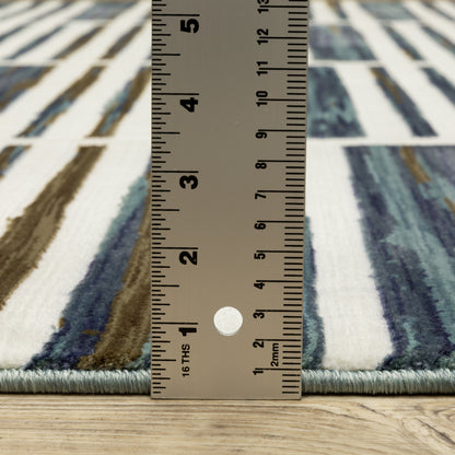 Reed Stripe Ivory/ Blue Geometric Cut Pile Rug
