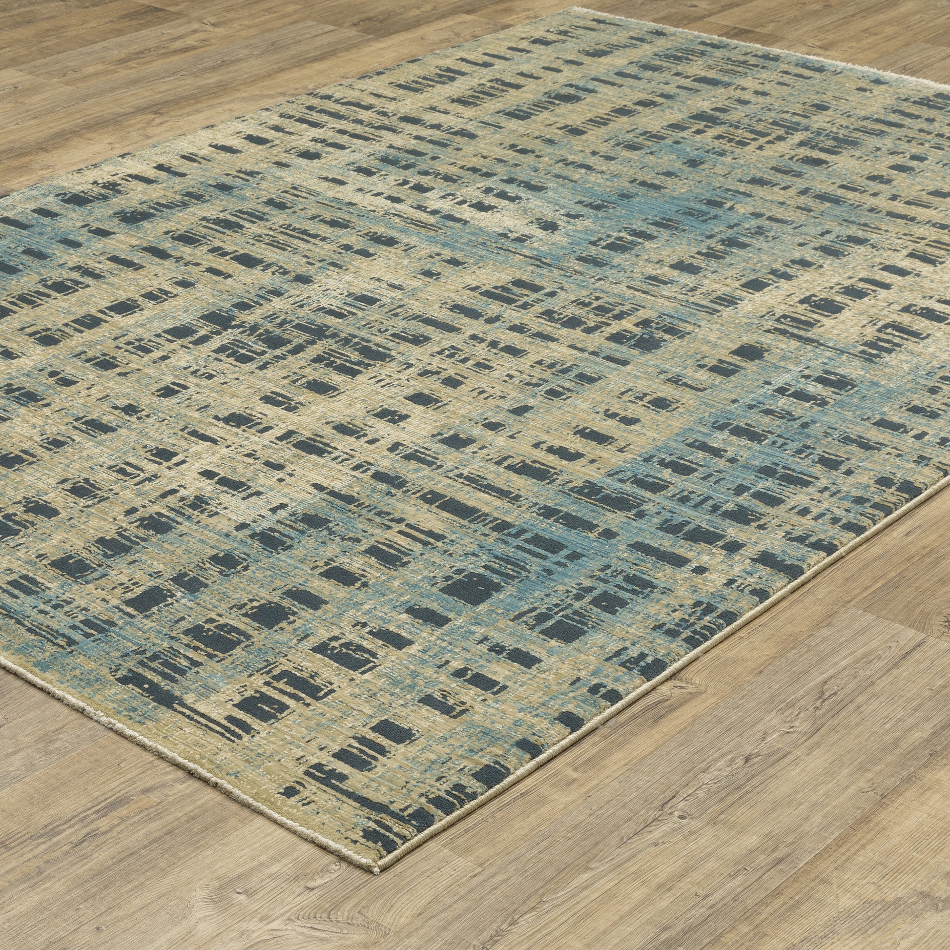 Reed Stripe Beige/ Blue Geometric Cut Pile Rug