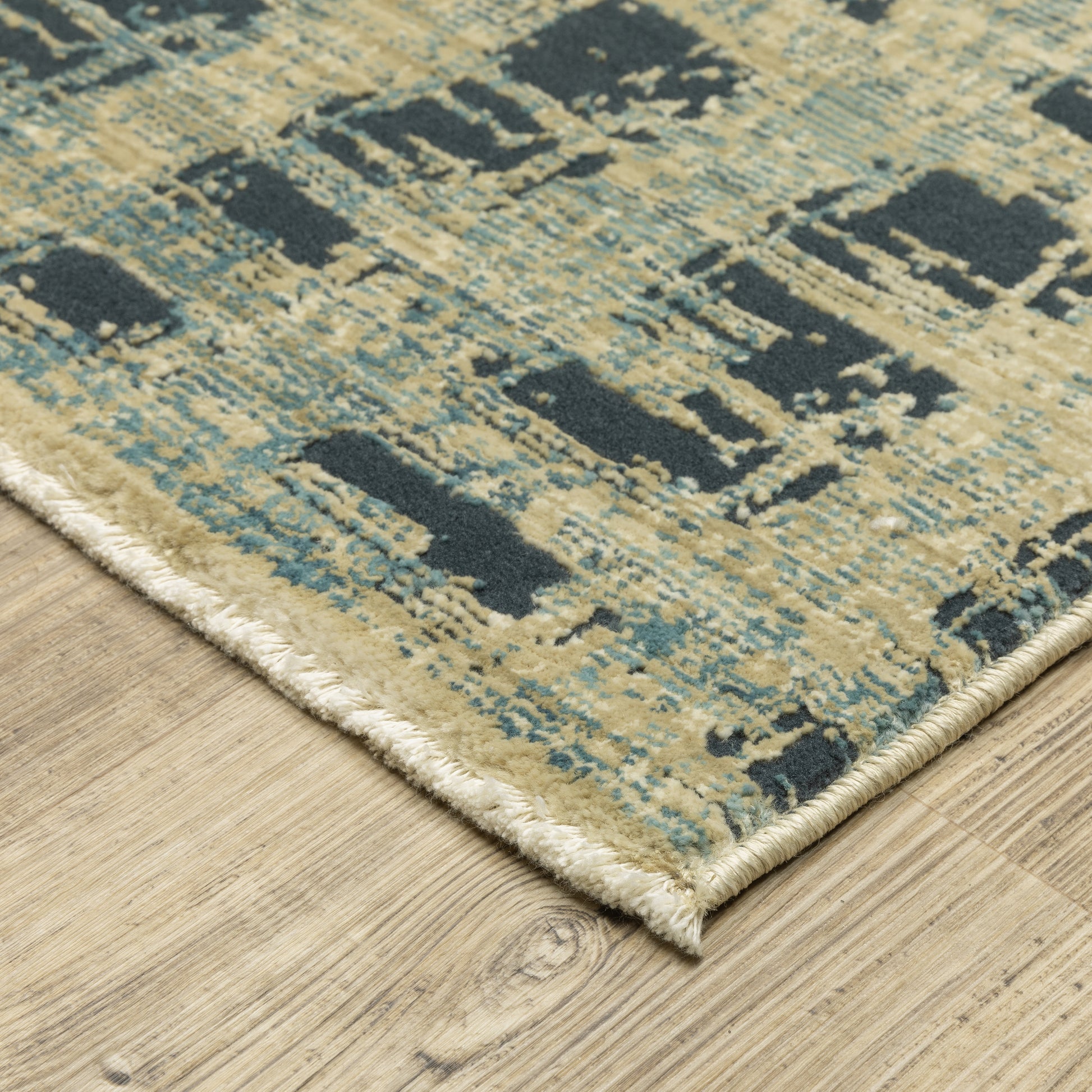 Reed Stripe Beige/ Blue Geometric Cut Pile Rug