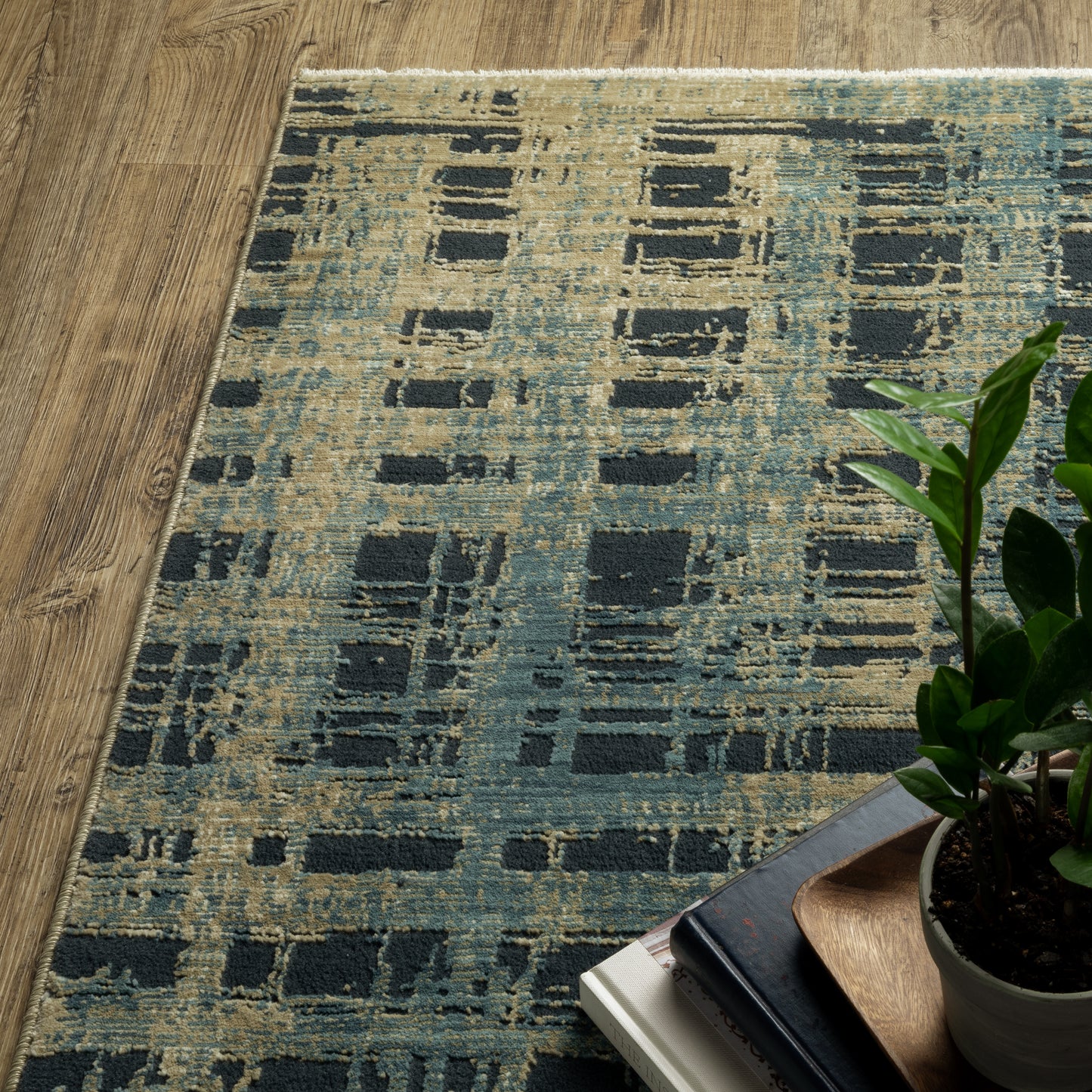 Reed Stripe Beige/ Blue Geometric Cut Pile Rug