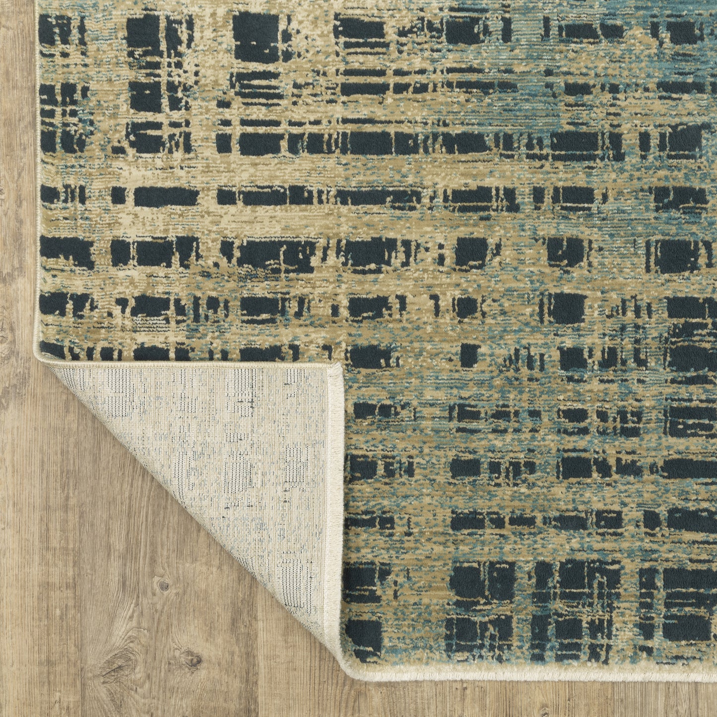 Reed Stripe Beige/ Blue Geometric Cut Pile Rug