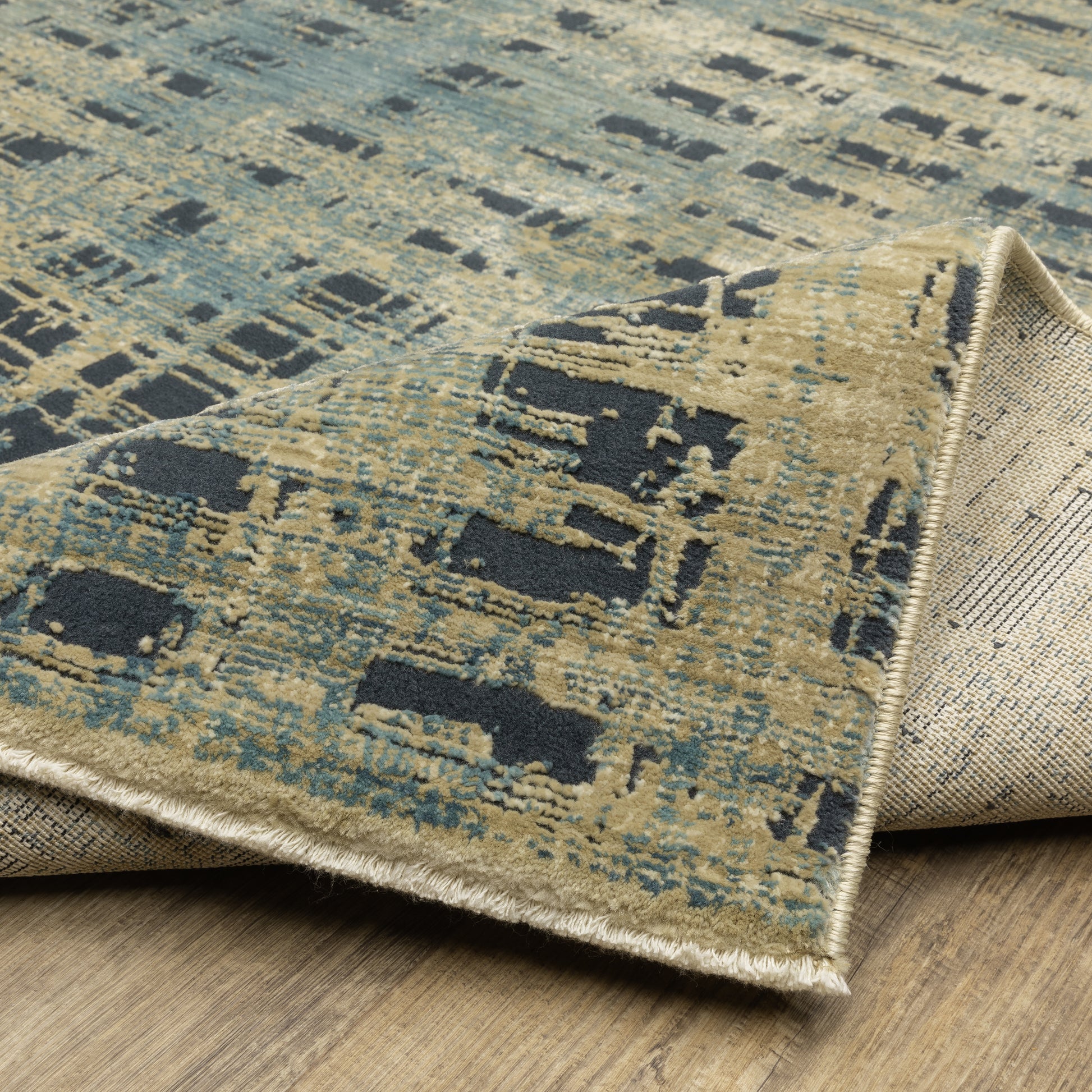 Reed Stripe Beige/ Blue Geometric Cut Pile Rug