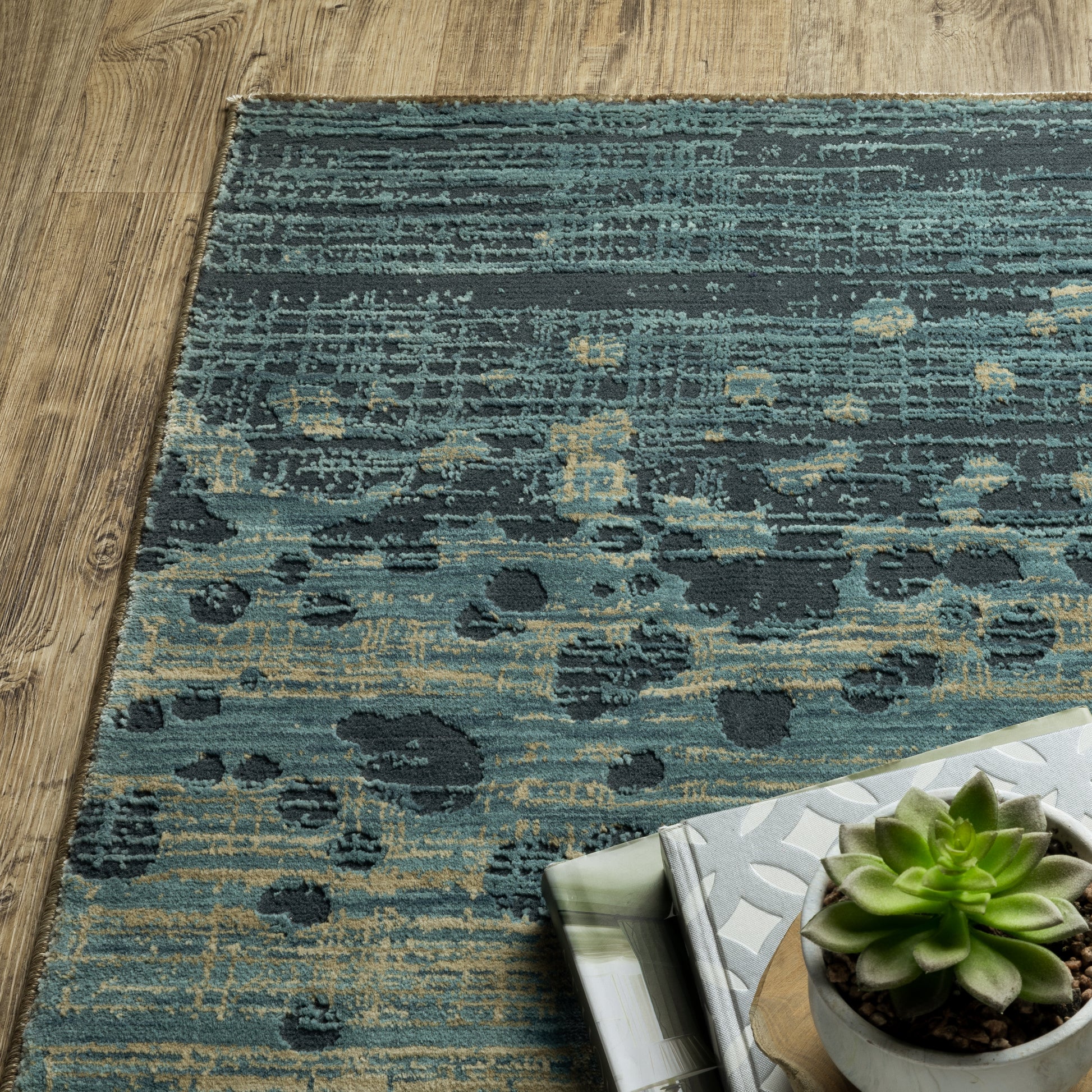 Reed Stripe Blue/ Green Distressed Cut Pile Rug