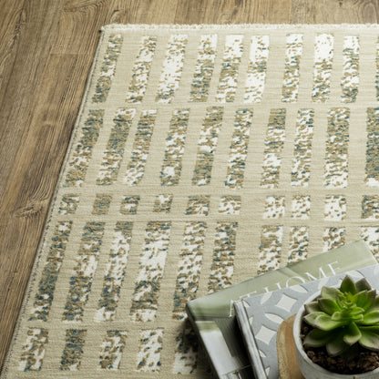 Reed Distressed Ivory/ Blue Geometric Cut Pile Rug