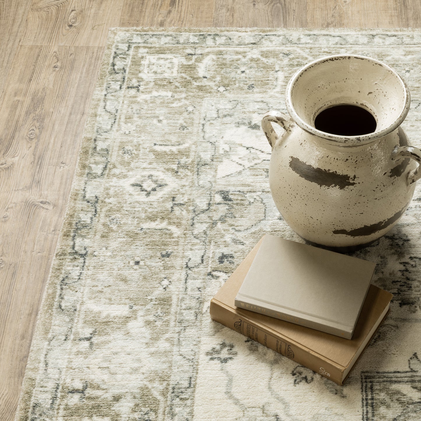 Savoy Distressed Green/ Ivory Medallion Cut Pile Rug
