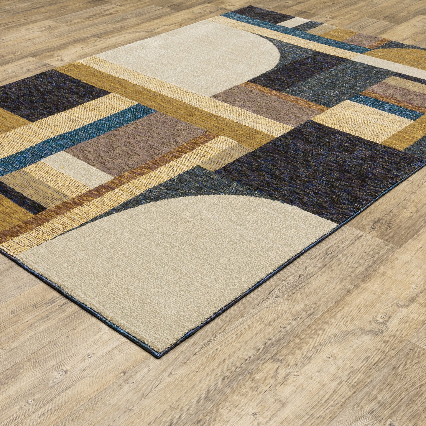 Strada Geometric Gold/ Blue Cut Pile Rug