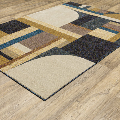 Strada Geometric Gold/ Blue Cut Pile Rug