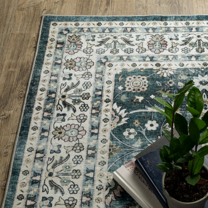 Sumter Distressed Teal/ Ivory Oriental Flat Weave Rug