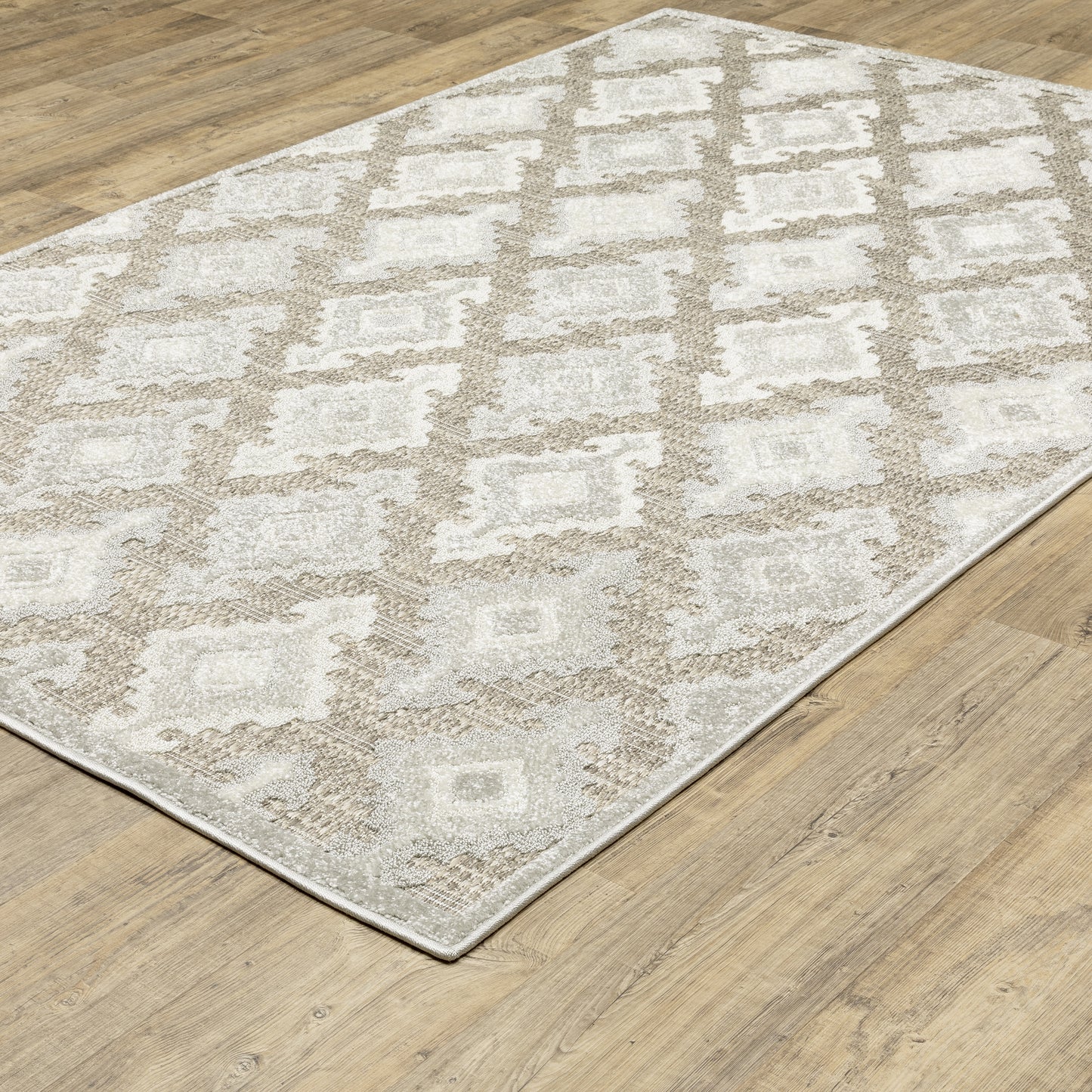 Tangier Ikat Beige/ Grey Lattice Mixed Pile Rug