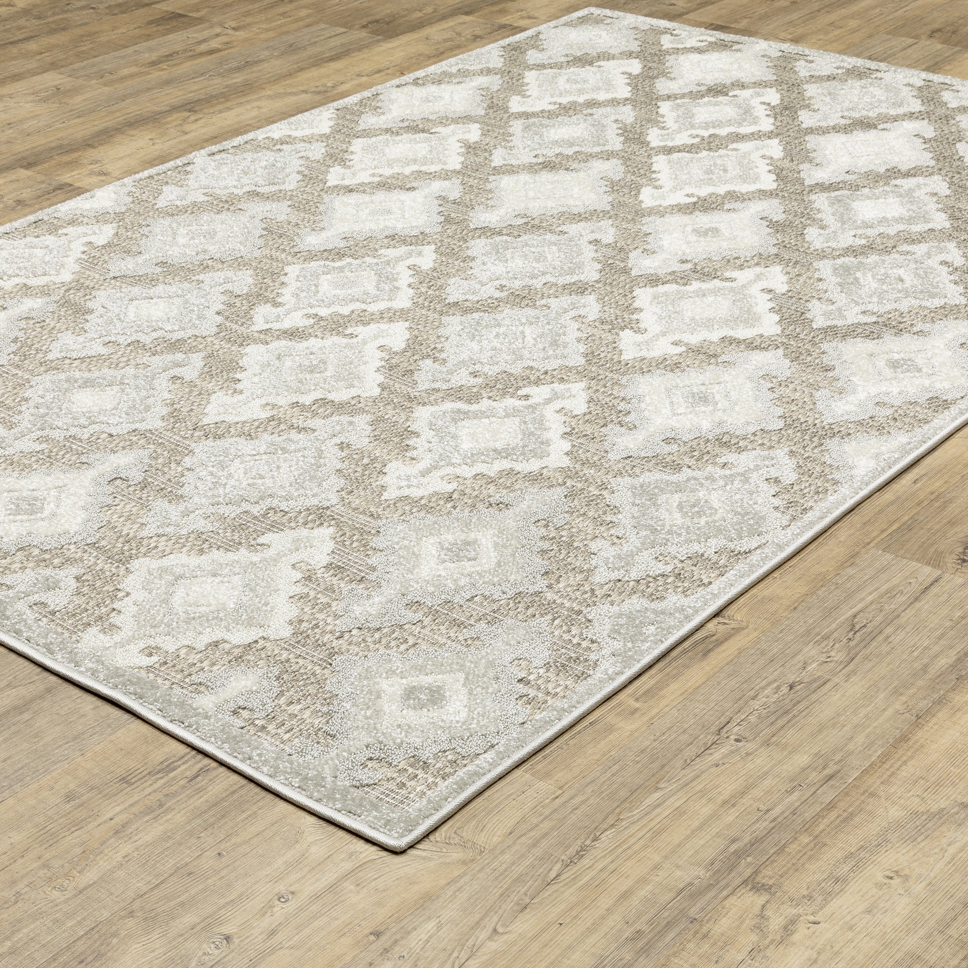 Tangier Ikat Beige/ Grey Lattice Mixed Pile Rug