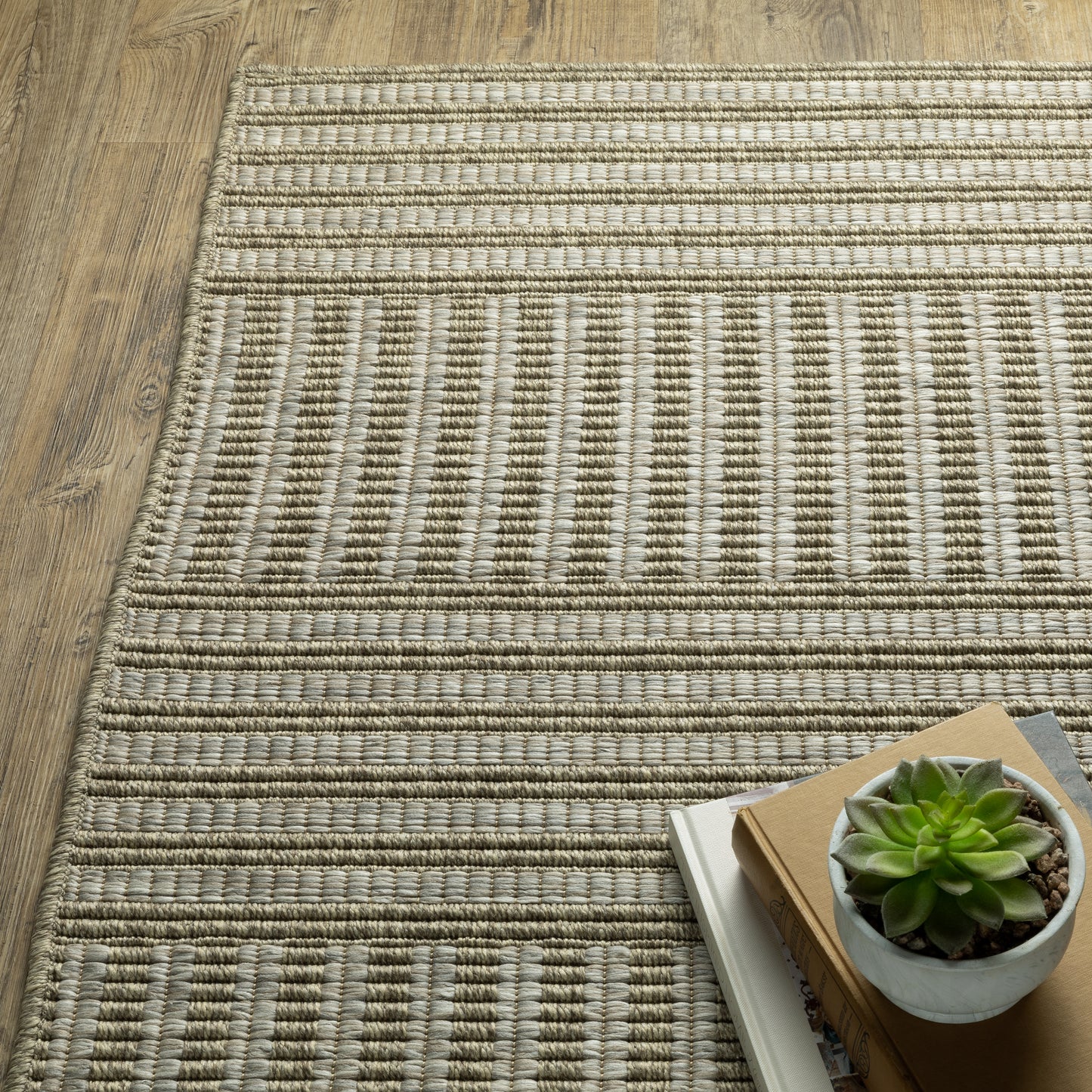 Tortuga Stripe Beige/ Black Geometric Flat Weave Rug