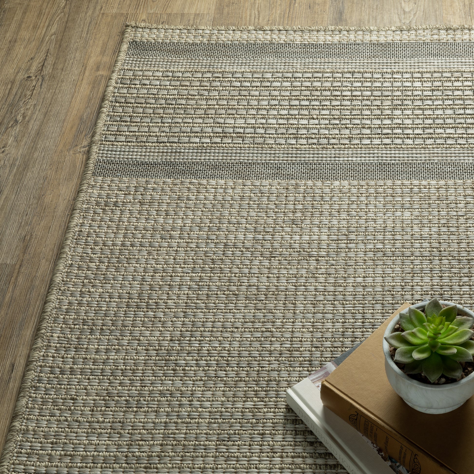 Tortuga Stripe Beige/ Black Geometric Flat Weave Rug
