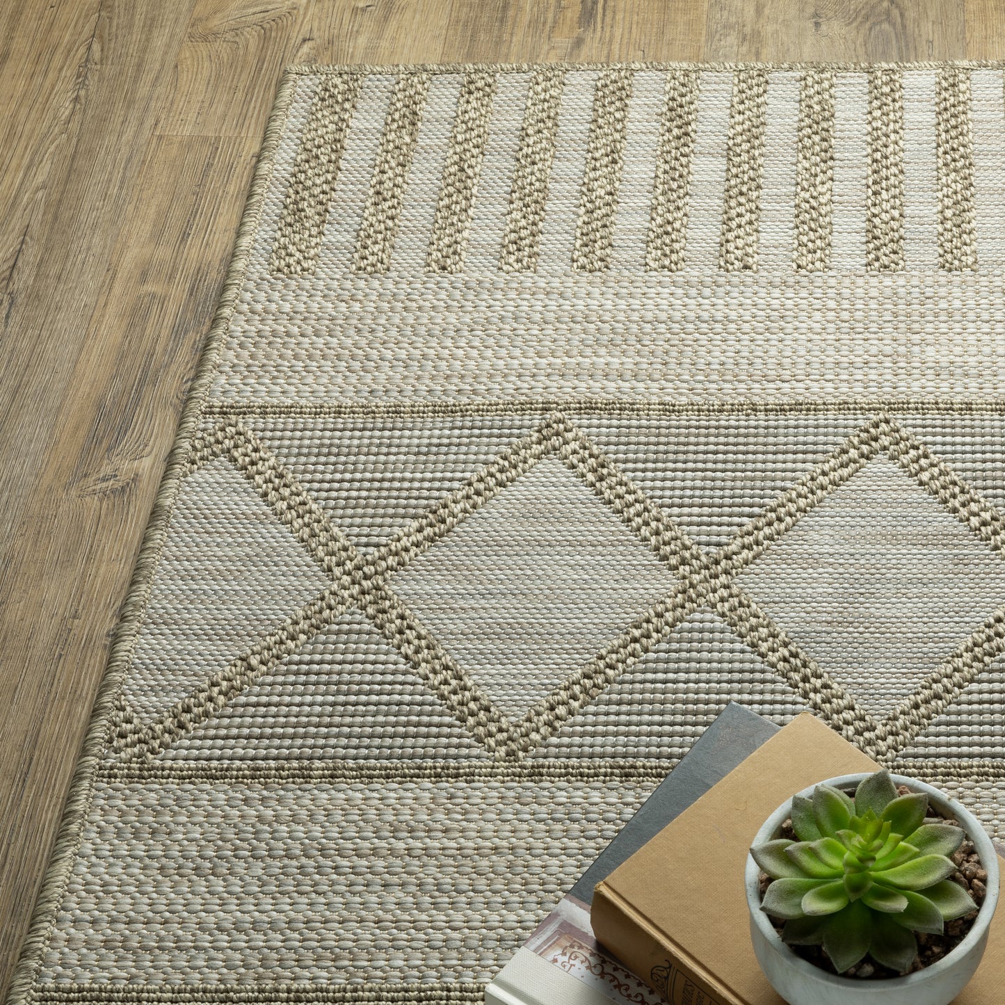 Tortuga Lattice Beige/ Beige Stripe Flat Weave Rug