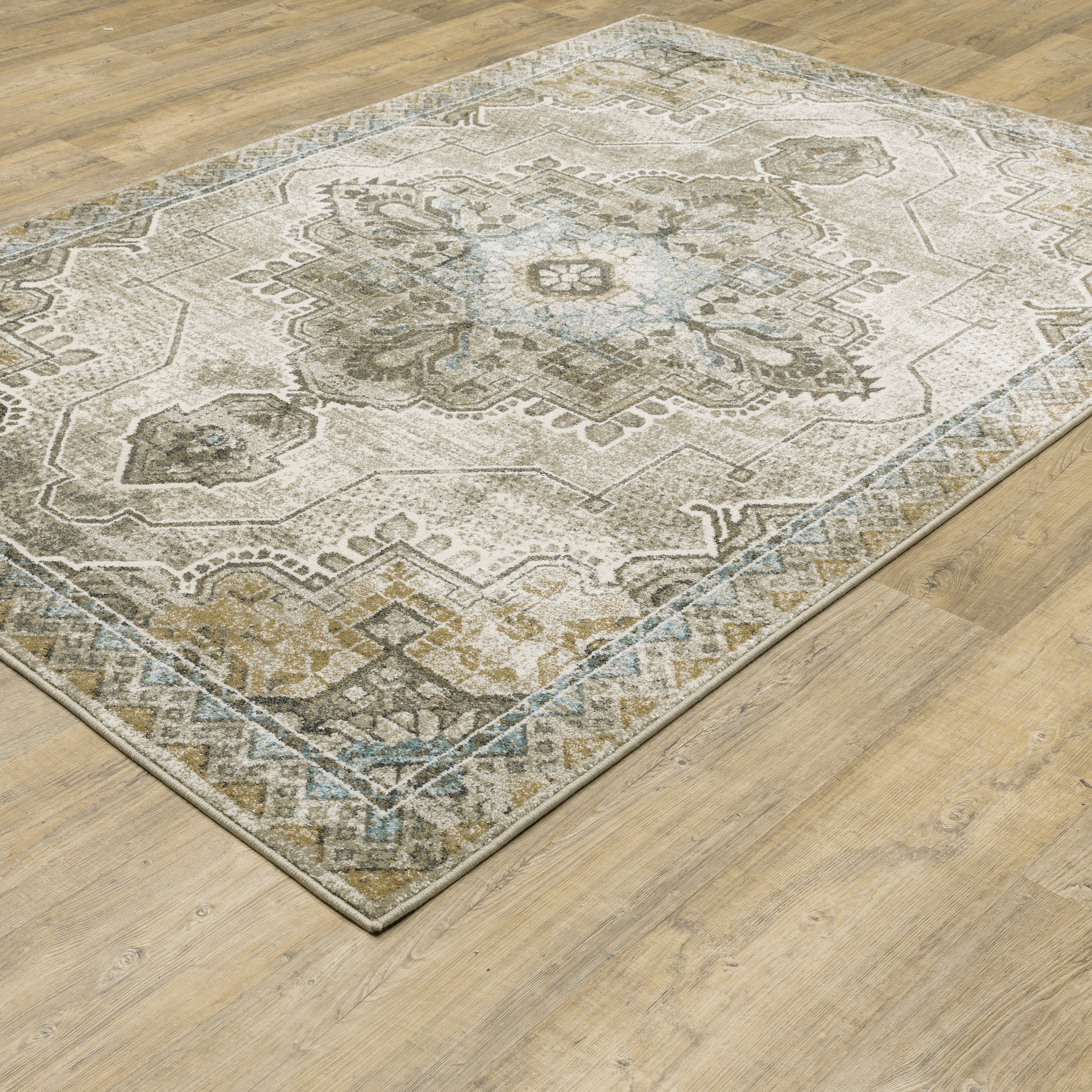 Venice Medallion Grey/ Blue Distressed Cut Pile Rug