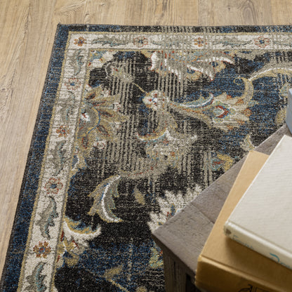 Venice Distressed Charcoal/ Blue Oriental Cut Pile Rug