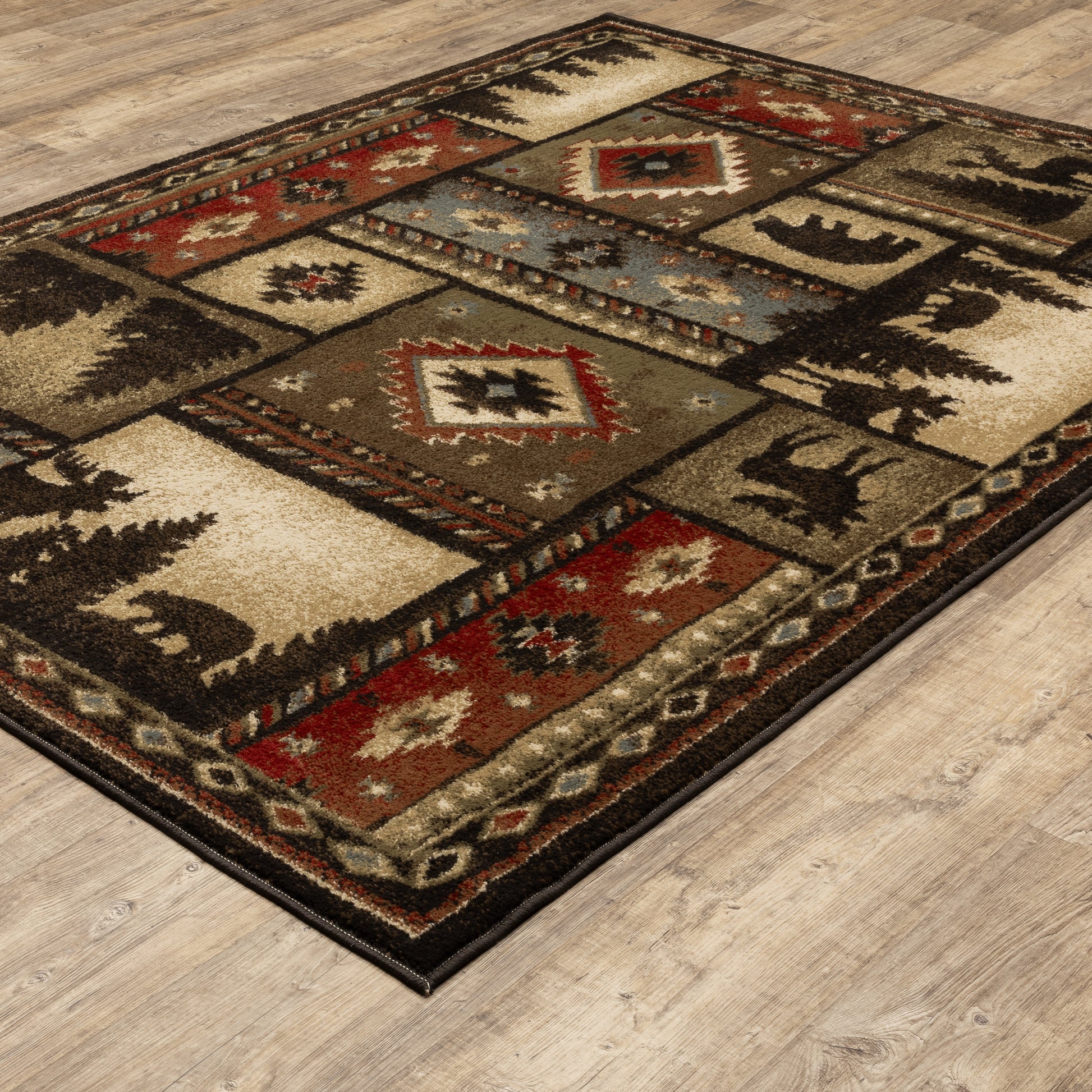 Woodlands Geometric Black/ Multi Animal Cut Pile Rug