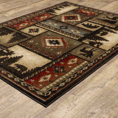 Woodlands Geometric Black/ Multi Animal Cut Pile Rug
